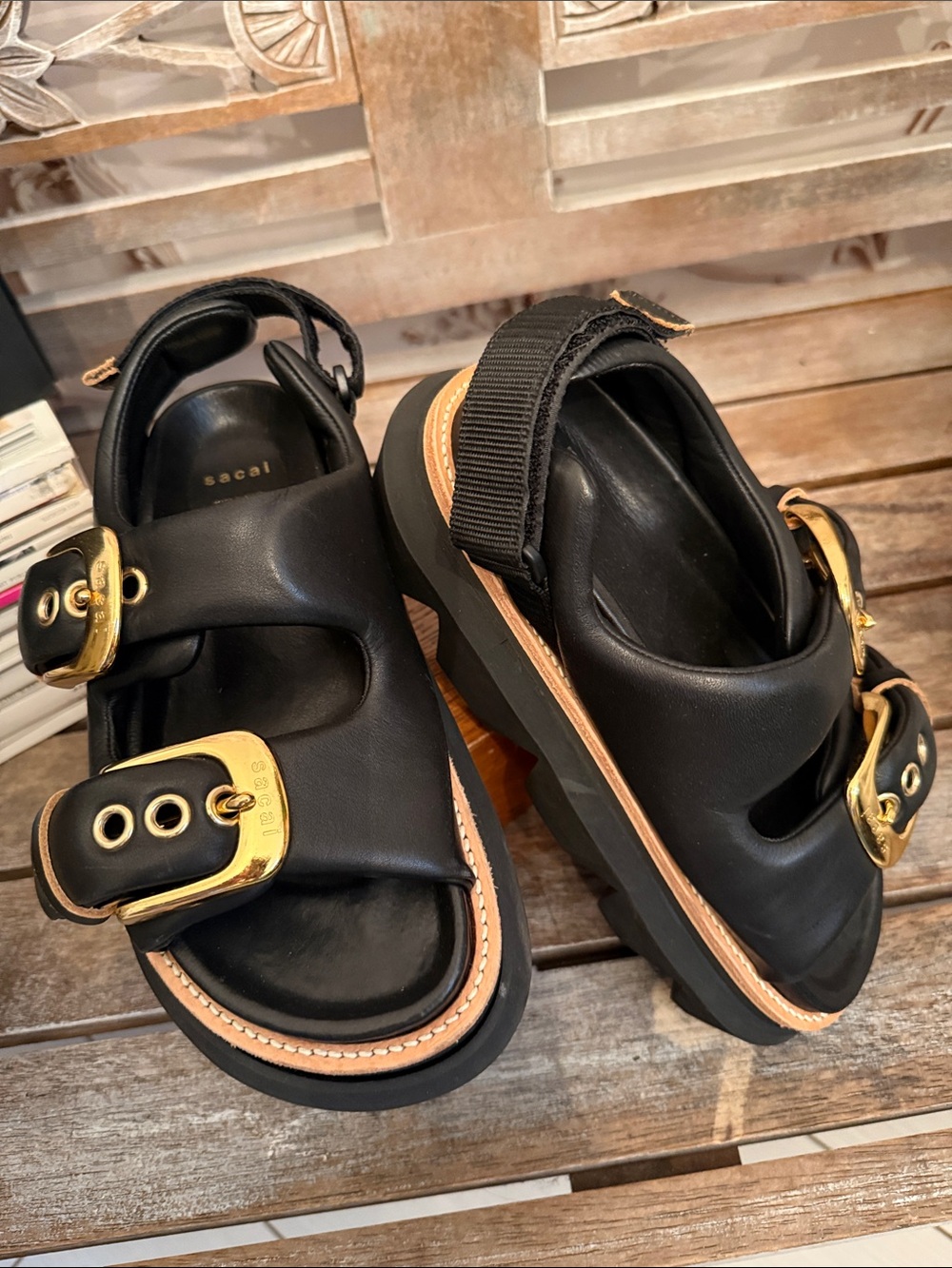 sacai Black Leather Sandals with Gold Buckles